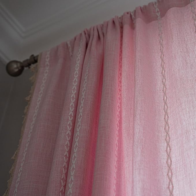 Sutuo Home Boho Curtains for Bedroom 96 Inches Long, Light Filtering Farmhouse Shabby Chic Tassels Window Treatment Bohemian Embroidery Drape, Rod Pocket 1 Panel 52" W x 96" L, Pink