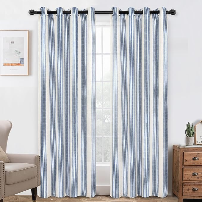 DriftAway Farmhouse Vertical Striped Linen Blend Textured Light Filtering Semi Sheer Curtains for Living Room Bedroom 108 Inches Long Drapes 2 Panels Broad Striped Jean Navy