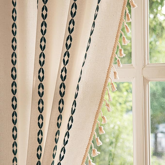 Sutuo Home Boho Farmhouse Curtains 72 Inches Long for Living Room Bedroom Bohemian House Drapes Country Style, Textured Stripe Embroidery Privacy, White and Hunter Green 1 Panel W52 x L72