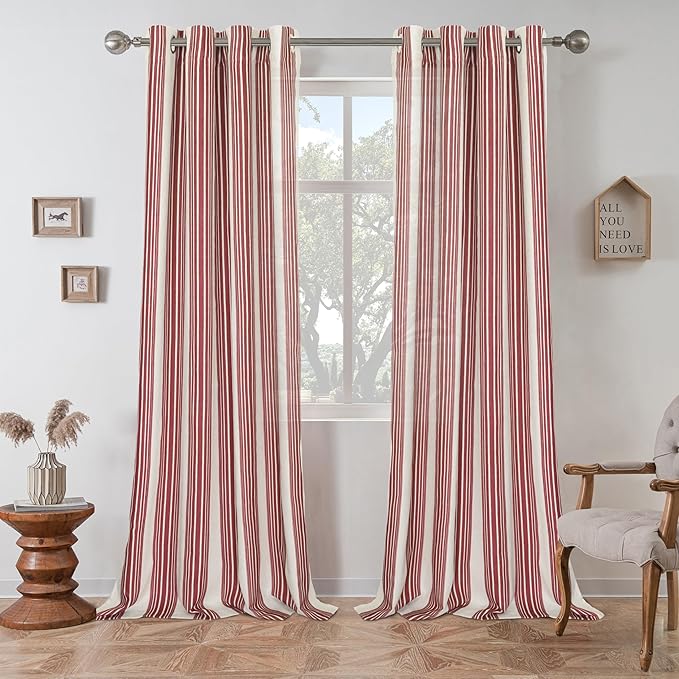 DriftAway Farmhouse Vertical Striped Linen Blend Textured Light Filtering Semi Sheer Curtains for Living Room Bedroom 96 Inches Long Drapes 2 Panels Broad Striped Red