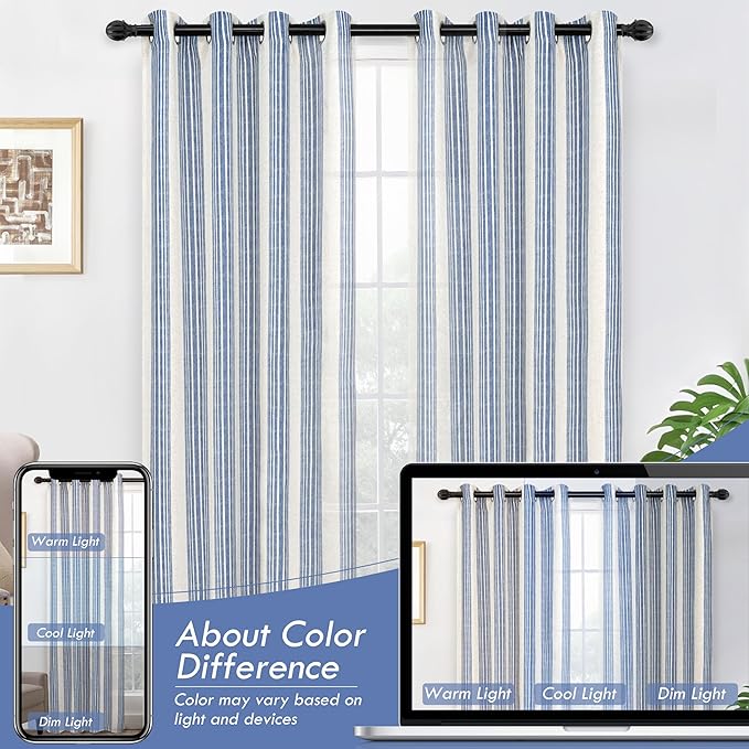 DriftAway Farmhouse Vertical Striped Linen Blend Textured Light Filtering Semi Sheer Curtains for Living Room Bedroom 54 Inches Long Drapes 2 Panels Broad Striped Jean Navy