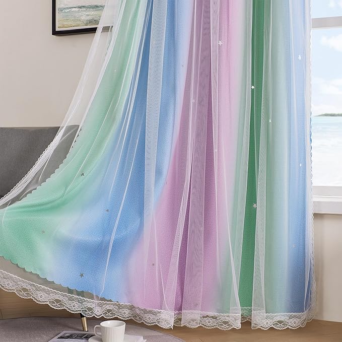 XiDi Blue & Rainbow Curtains for Kids & Girl Room - Blackout, Purple & Green 52x72 Inch Long 1 Panel with Unicorn Wall Decals