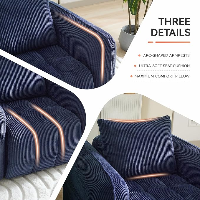 66'' Boneless Corduroy Loveseat Sofa, 2 Seater Tufted Deep Seat Couch with Rounded Armrest, Upholstered Cloud Couch for Living Room, Bedroom, No Assembly, Navy