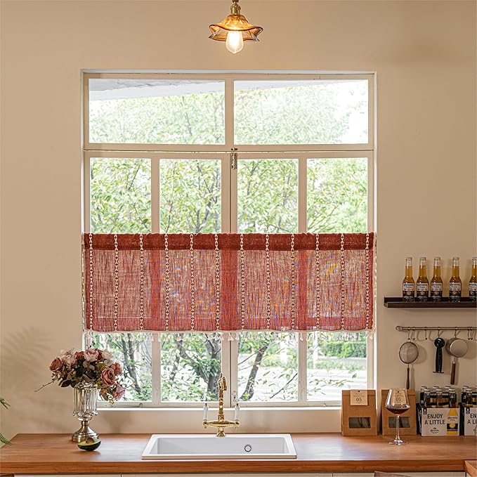 Sutuo Home Boho Short Curtains Valance for Cafe Doorway Closet, Light Filtering Linen French Country Shabby Window Treatment Bohemian Embroidery Drape, Rod Pocket 1 Panel 52" W x 36" L, Terracotta