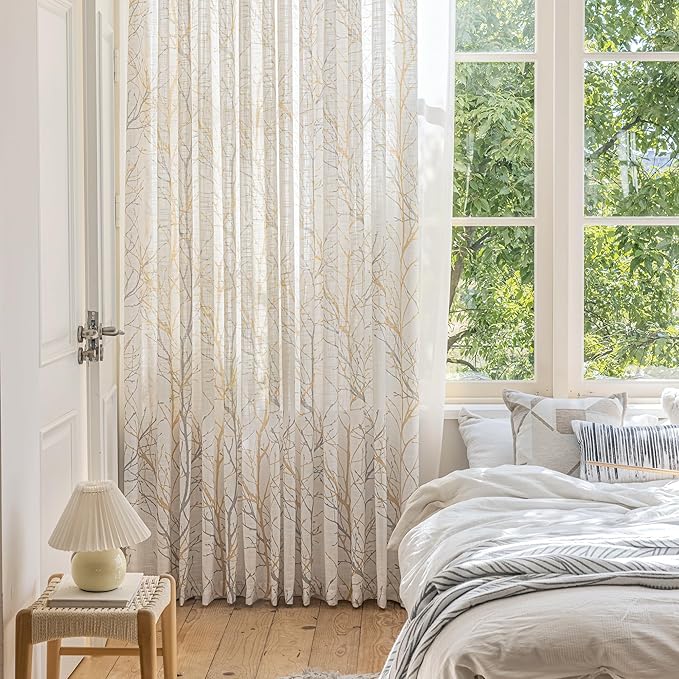 FMFUNCTEX Tree Yellow White Sliding Door Curtain for Living Room 100 x 84 Inches Long Branch Print Linen Texture Semi Sheer Curtain Farmhouse Rustic Window Drapery 1 Panel Grommet Top