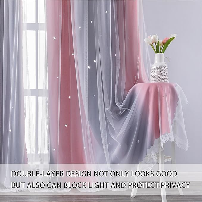 XiDi Pink and Grey Star Blackout Curtains for Kids Rooms Girl Princess Curtain for Daughter Bedroom Window (Pink Grey, W52 X L63)