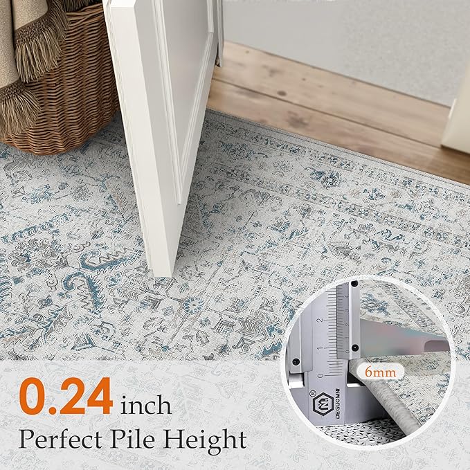 Blue 2x5 Runner Rug Vintage Area Carpet Hallway Indoor Kitchen Washable Low Pile Traditional Distressed Retro Accent Throw Rug Non Slip for Laundry Bathroom Office