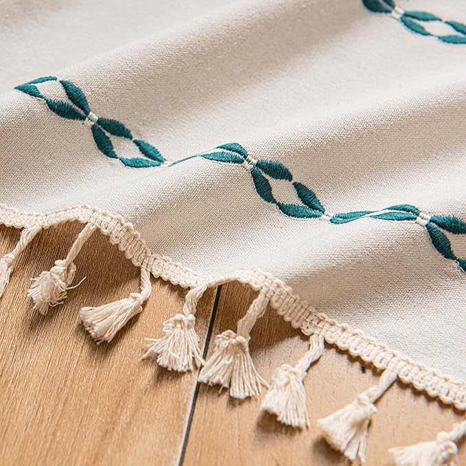 Sutuo Home Boho Curtains 96 Inches Long, Bohemian Drape for Bedroom Living Room, Privacy Country Rustic Semi Blackout Farmhouse for Xmas Decor Rod Pocket, 1 Panel W52 x L96 White and Hunter Green