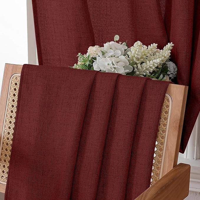 Tollpiz Linen Curtains Bedroom Rod Pocket Semi Sheer Curtain Burlap Light Filtering Thick Linen Drapes for Living Room, 54 x 84 inches Long, Burgundy Red, Set of 2 Panels