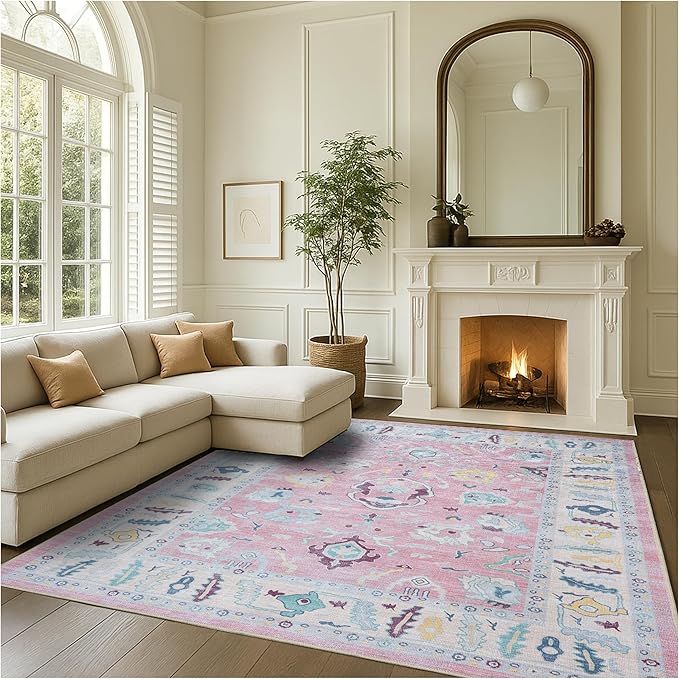Fame Rugs Pink Modern Oushak Rug 8x10, Vintage Turkish Colorful Oriental Washable Antique Inspired Large Area Rugs, Luxury Living Room Bedroom (385PB, 7'6 x 10')