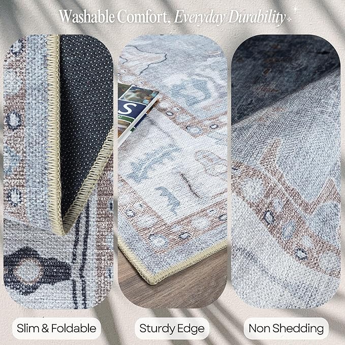 Fame Rugs Gray Modern Oushak Rug 3x5, Washable Vintage Turkish Colorful Oriental Antique Inspired Foldable Small Area Rugs, Luxury Living Room Bedroom (Gbeige, 2'6" x 5')