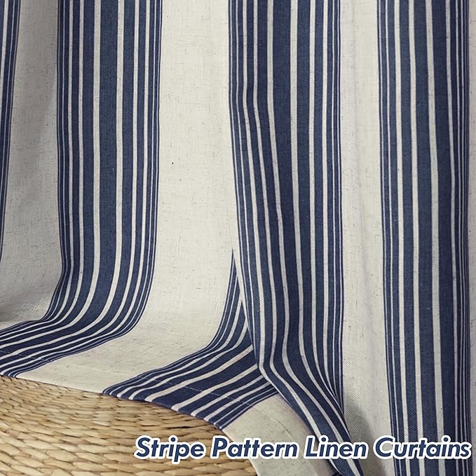 DriftAway Farmhouse Vertical Striped Linen Blend Textured Light Filtering Semi Sheer Curtains for Living Room Bedroom 108 Inches Long Drapes 2 Panels Broad Striped Dark Navy