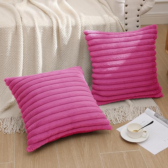 Pallene Faux Fur Plush Throw Pillow Covers 24x24 Set of 2, Luxury Soft Fluffy Striped Decorative Pillow Covers for Sofa, Couch, Living Room, Hot Pink