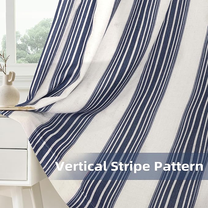 DriftAway Farmhouse Vertical Striped Linen Blend Textured Light Filtering Semi Sheer Curtains for Living Room Bedroom 108 Inches Long Drapes 2 Panels Broad Striped Dark Navy