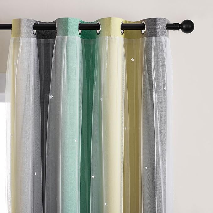 XiDi Yellow & Rainbow Curtains for Kids & Girls Room - Blackout, Grey & Green 52x84 Inch Long 1 Panel with Unicorn Wall Decals