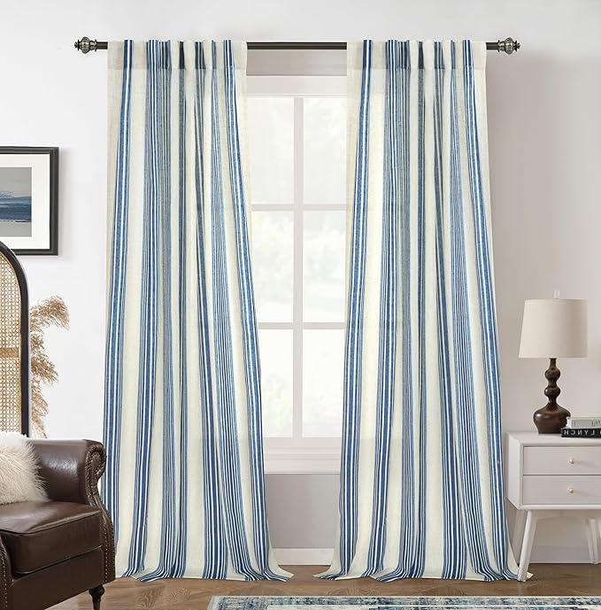 DriftAway Farmhouse Vertical Striped Linen Blend Textured Light Filtering Semi Sheer Curtains for Living Room Bedroom 84 Inches Long Drapes 2 Panels Broad Striped Linen Jean Navy