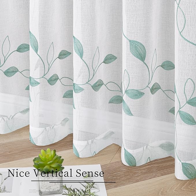 Tollpiz Teal Blue Leaf Sheer Curtains Leaves Embroidered Living Room Short Curtain Rod Pocket Voile Window Treatments for Bedroom, 54 x 45 inches Long, Set of 2 Panels