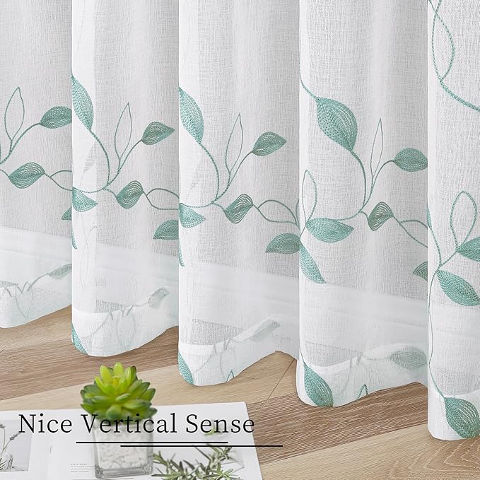Tollpiz Teal Blue Leaf Sheer Curtains Leaves Embroidered Living Room Curtain Rod Pocket Voile Window Treatments for Bedroom, 54 x 63 inches Long, Set of 2 Panels