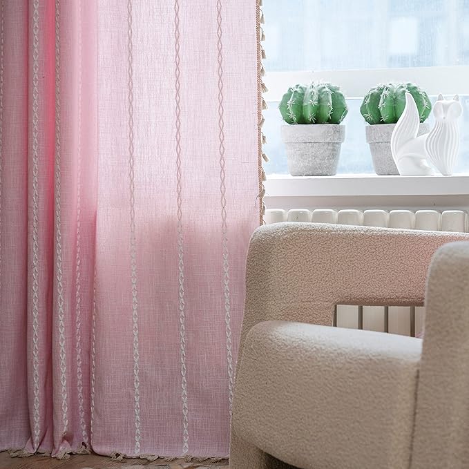 Sutuo Home Boho Curtains for Bedroom 96 Inches Long, Light Filtering Farmhouse Shabby Chic Tassels Window Treatment Bohemian Embroidery Drape, Rod Pocket 1 Panel 52" W x 96" L, Pink