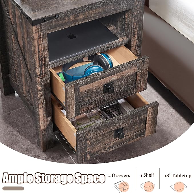 T4TREAM Nightstand with Charging Station, End Table, Side Table with 2 Drawers Storage Cabinet for Bedroom, Living Room, Farmhouse Design, Wood Rustic, Dark Rustic Oak