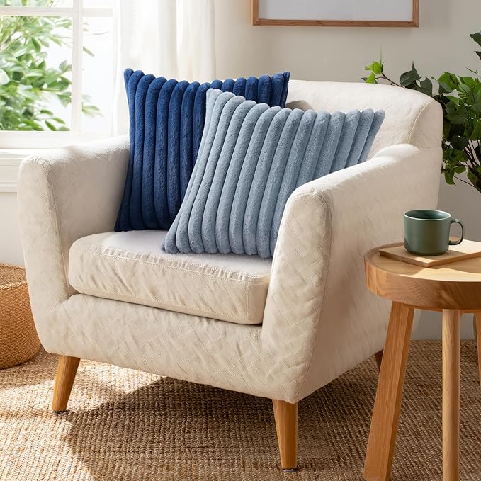 Pallene Faux Fur Plush Throw Pillow Covers 18x18 Set of 2, Luxury Soft Fluffy Striped Decorative Pillow Covers for Sofa, Couch, Living Room, Blue Grey