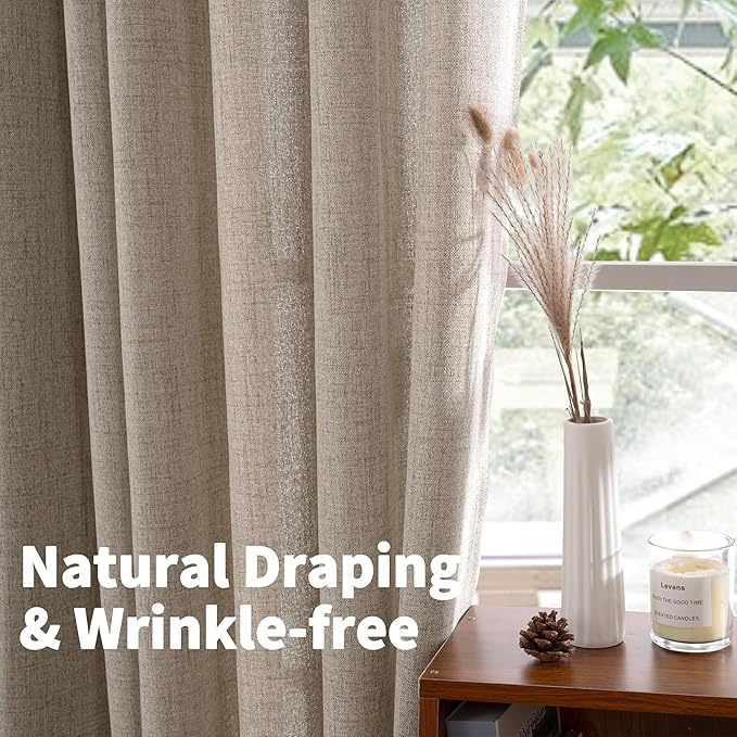 YoungsTex Oatmeal Linen Kitchen Curtains 36 Inches Long with Grommet, Short Semi Sheer Drapes Light Filtering Natural for Cafe Bathroom Window, 42 x 36 Inch, 2 Panels