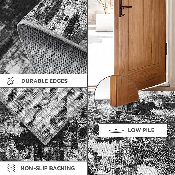3x6 Kitchen Hallway Runner Rug: Long Washable Rug Runner Non-Slip Indoor Abstract Rugs - Low Pile Soft Floor Runners for Bedroom Living Room Dining Entryway Bathroom Laundry Black White 3x6