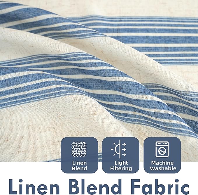 DriftAway Farmhouse Vertical Striped Linen Blend Textured Light Filtering Semi Sheer Curtains for Living Room Bedroom 102 Inches Long Drapes 2 Panels Broad Striped Linen Jean Navy