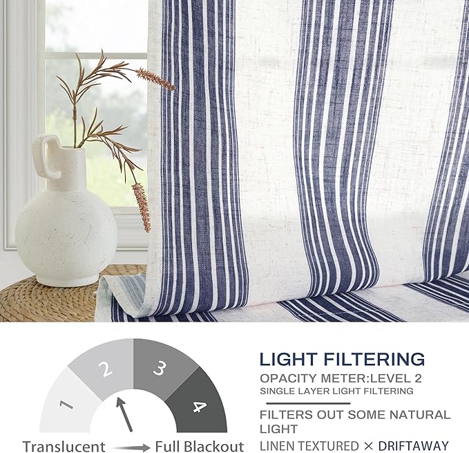 DriftAway Farmhouse Vertical Striped Linen Blend Textured Light Filtering Semi Sheer Curtains for Living Room Bedroom 120 Inches Long Drapes 2 Panels Broad Striped Dark Navy