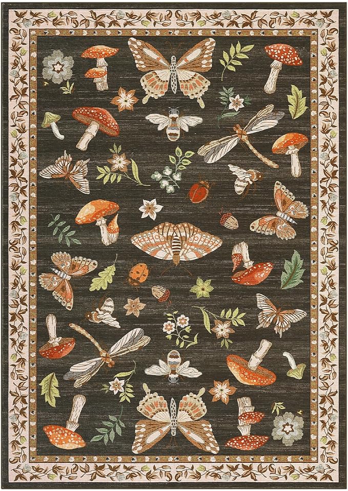 Mushroom 10x13 Area Rug for Living Room Washable Non Slip Forest Soft Low-Pile Stain Resistant Thin Large Throw Carpet for Bedroom Dining Room Office Brown