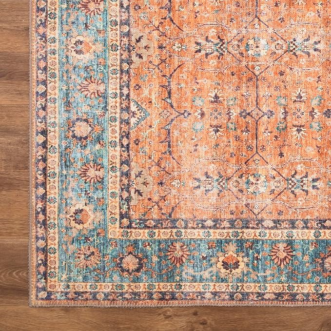Bloom Rugs Washable Non-Slip 3' x 5' Rug - Orange/Teal Blue Traditional Bordered Area Rug for Living Room, Bedroom, Dining Room, and Kitchen - Exact Size: 3' x 5'