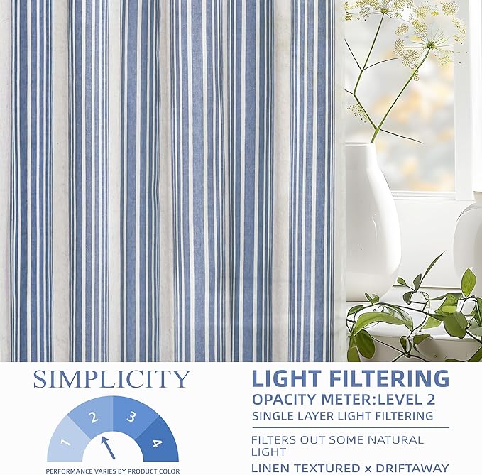 DriftAway Farmhouse Vertical Striped Linen Blend Textured Light Filtering Semi Sheer Curtains for Living Room Bedroom 96 Inches Long Drapes 2 Panels Broad Striped Jean Navy