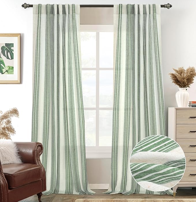 DriftAway Farmhouse Vertical Striped Linen Blend Textured Light Filtering Semi Sheer Curtains for Living Room Bedroom 108 Inches Long Drapes 2 Panels Broad Striped Linen Loden Green