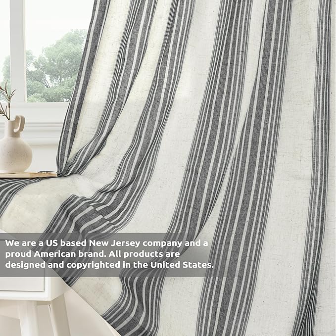 DriftAway Farmhouse Vertical Striped Linen Blend Textured Light Filtering Semi Sheer Curtains for Living Room Bedroom 96 Inches Long Drapes 2 Panels Broad Striped Linen Grey