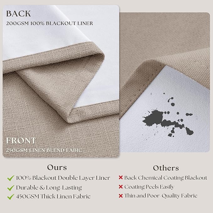70 Inch Wide Blackout Curtains 84 Inches Long Memory Trained Pinch Pleated Room Darkening Thermal Linen Textured Two Layer Extra Wide Drapes for Living Room Sliding Door Burlywood Birch 1 Panel