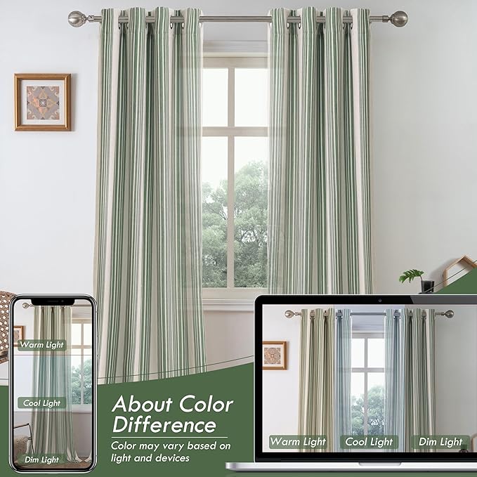 DriftAway Farmhouse Vertical Striped Linen Blend Textured Light Filtering Semi Sheer Curtains for Living Room Bedroom 96 Inches Long Drapes 2 Panels Broad Striped Loden Green