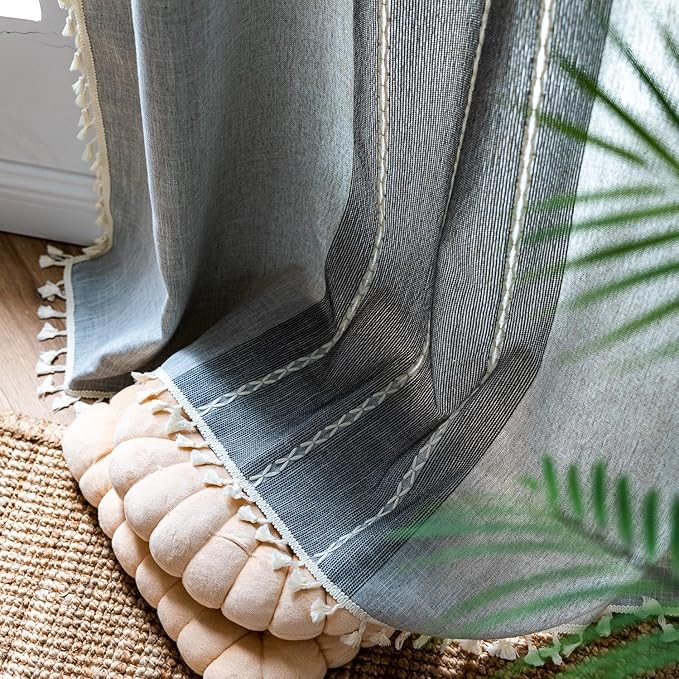 Sutuo Home Boho Curtains for Kitchen Nursery Room, Semi Blackout Linen Farmhouse Shabby Chic Tassels Window Treatment Bohemian Embroidery Drape, Rod Pocket 1 Panel 52" W x 63" L, Gray Linen