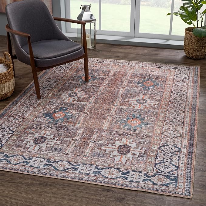 Bloom Rugs Washable 3' x 5' Rug - Brown/Blue/Orange Traditional Area Rug for Living Room, Bedroom, Dining Room, and Kitchen - Exact Size: 3' x 5'