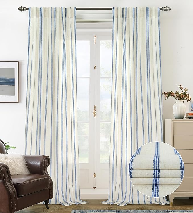 DriftAway Farmhouse Vertical Striped Linen Blend Textured Light Filtering Semi Sheer Curtains for Living Room Bedroom 120 Inches Long Drapes 2 Panels Linen Navy
