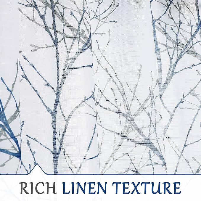 FMFUNCTEX Linen Semi Sheer Curtains for Bedroom, Blue White Curtains 63 Inches Long for Living Room, Grey Tree Branch Patterned Curtain Light Filtering Farmhouse Window Drapes, Grommet Top 2 Panels