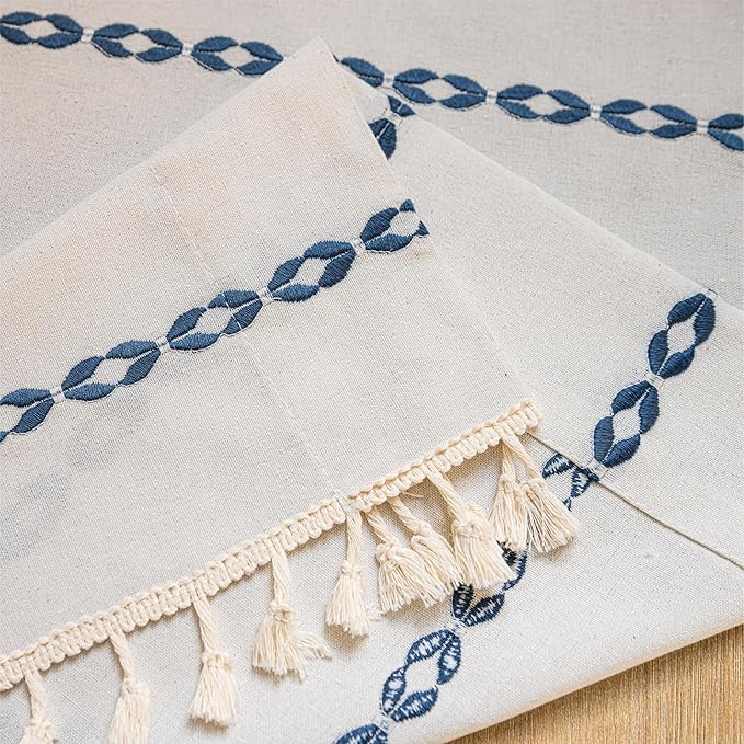 Sutuo Home Boho Valance Curtain 36 inches Tier for Cafe Closet, Short Farmhouse Vintage Tassels Window Treatment Bohemian Embroidery Drape, Rod Pocket 1 Panel 52" W x 36" L, White and Navy Blue