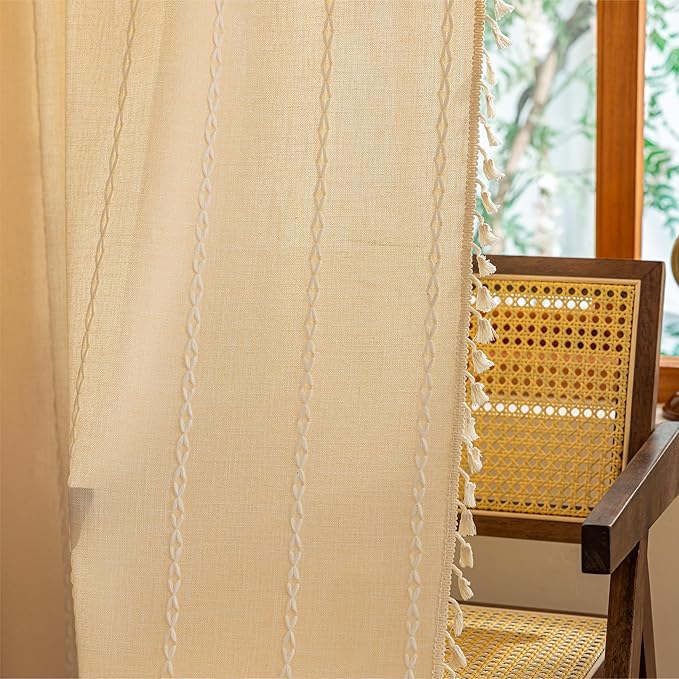 Sutuo Home Boho Curtains for Bedroom Dining Room Kitchen,Light Filtering Linen Farmhouse Shabby Chic Tassels Window Treatment Bohemian Embroidery Drape, Rod Pocket 1 Panel 52" W x 72" L, Champagne