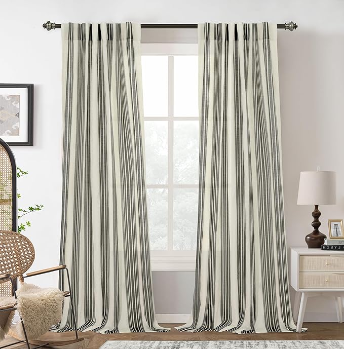DriftAway Farmhouse Vertical Striped Linen Blend Textured Light Filtering Semi Sheer Curtains for Living Room Bedroom 84 Inches Long Drapes 2 Panels Broad Striped Linen Black