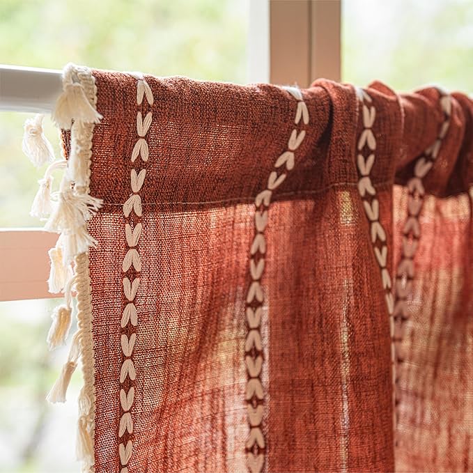 Sutuo Home Boho Short Curtains Valance for Cafe Doorway Closet, Light Filtering Linen French Country Shabby Window Treatment Bohemian Embroidery Drape, Rod Pocket 1 Panel 52" W x 36" L, Terracotta