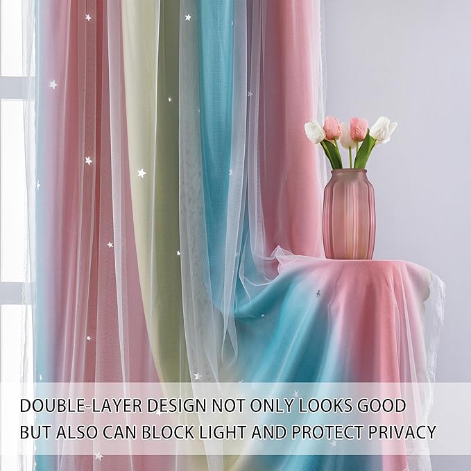 XiDi Dream Star Blackout Curtains for Kids Rooms Girl Princess Curtain for Daughter Bedroom Window (Pink Blue, W34 X L63)