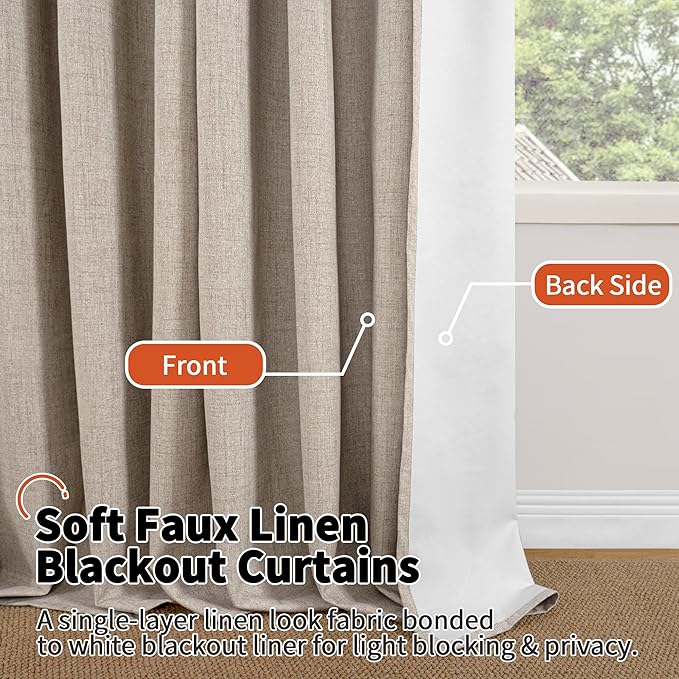 60 Inch Wide Linen Blackout Curtains for Living Room/Bedroom 84 Inch Length 2 Panels, Total Black Out Thermal Insulated Soundproof Grommet Boho Window Drapes White Liner for Modern Farmhouse, Beige