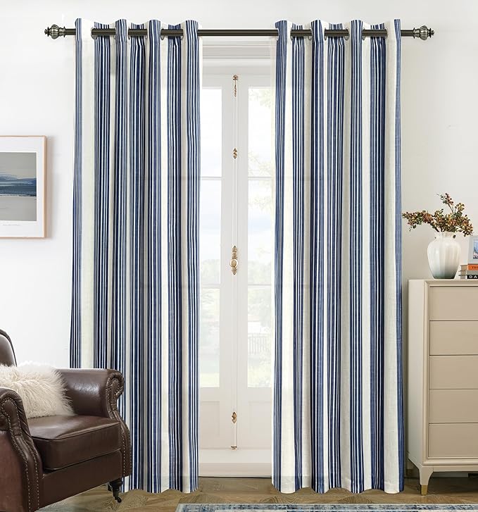 DriftAway Farmhouse Vertical Striped Linen Blend Textured Light Filtering Semi Sheer Curtains for Living Room Bedroom 108 Inches Long Drapes 2 Panels Broad Striped Dark Navy