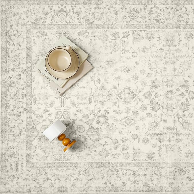 5x7 Grey Area Rug Non Slip Vintage Living Room Distressed Machine Washable Carpet Traditional Indoor Bedroom Grey Retro Floral Accent Throw Rug for Office Kitchen Dorm Dining Room