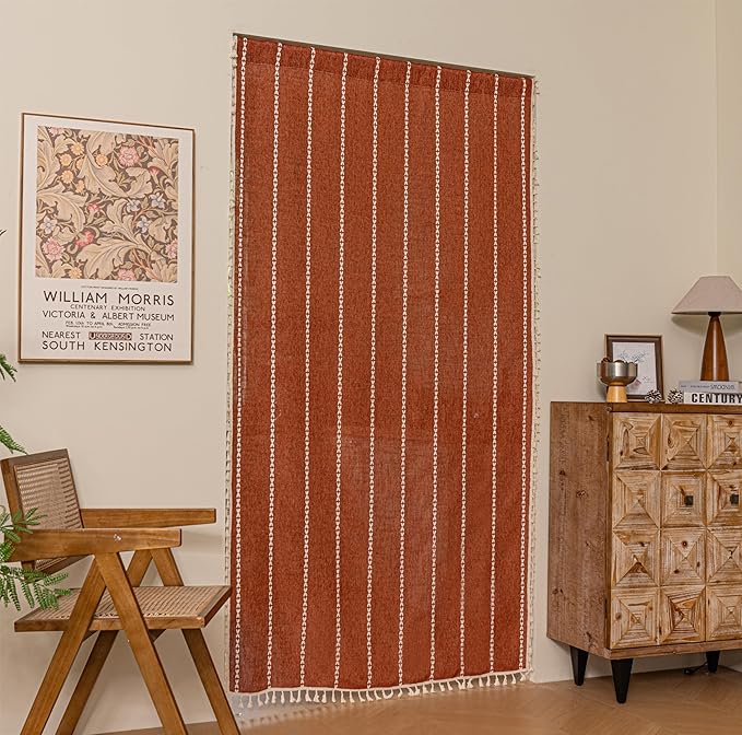 Sutuo Home Boho Sliding Door Curtains for Door Window, Bohemian Linen Tassles Light Filtering Temporary Room Privacy Dividers for Bedroom Living Room, Rod Pocket 1 Panel 37" W x 80" L, Terracotta