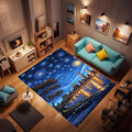 Machine Washable 2' x 3' Oil Painting-Style Area Rug, Bule Floor mat, Suitable for bedrooms, Girls' Room Bedside, Living Room, Dining Room, Office, Non-Slip Low-Pile Stars and Swirls Carpet